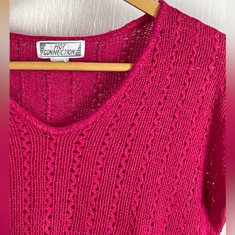 80s Vintage Hot Pink Linen Knit Sweater Bright & Saturated color Flutter Sleeves - Picture 2 of 6